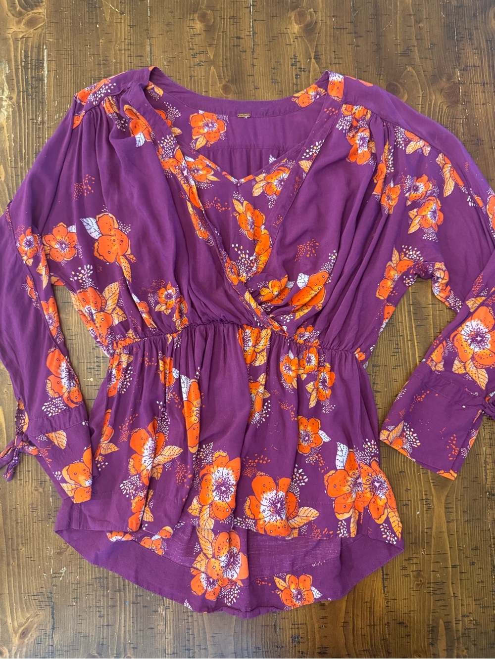 Free People Top Long Sleeve Blouse Purple and Orange Floral Flowy Boho Sz L